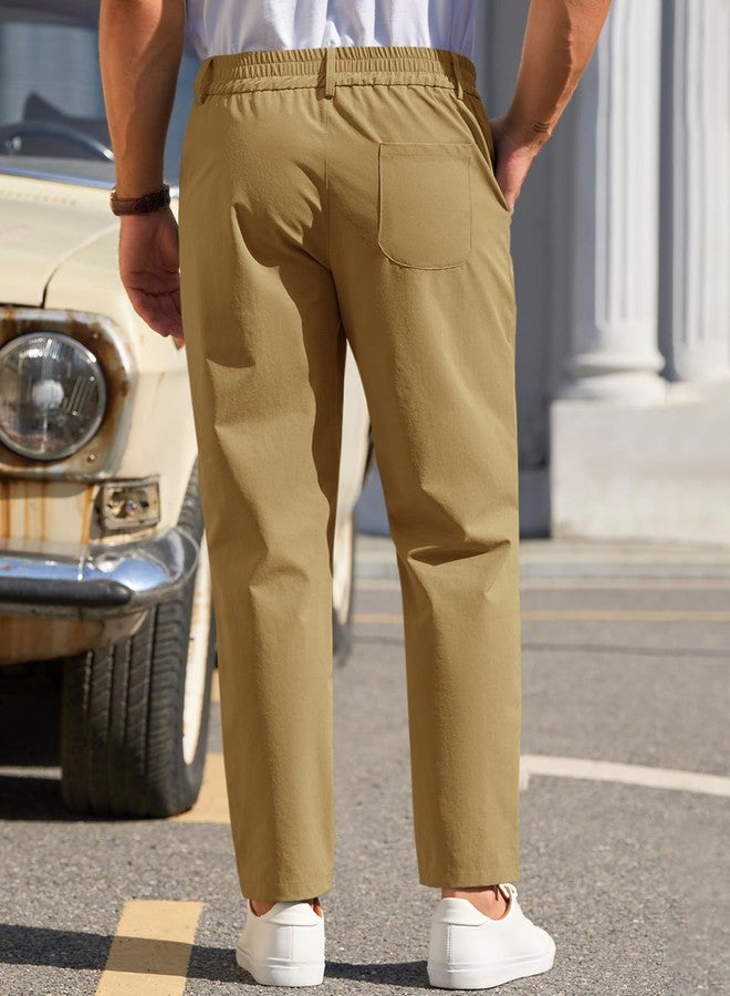 Runcati Mens Stretch Golf Pants Casual Slim Fit Dress Pants Elastic Waist Tapered Work Cropped Trousers Brown - Image 3